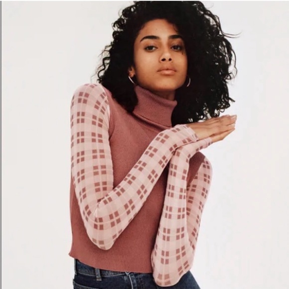Zara Sweaters - Zara Mauve Ribbed Fitted Turtleneck Sweater Plaid Sheer Sleeves M